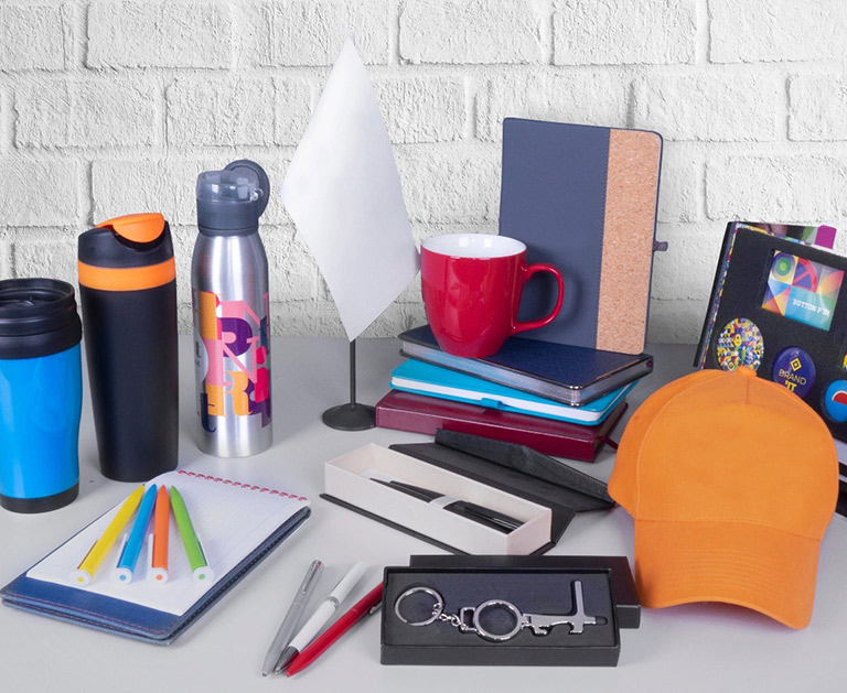 Assorted promotional products on a desk